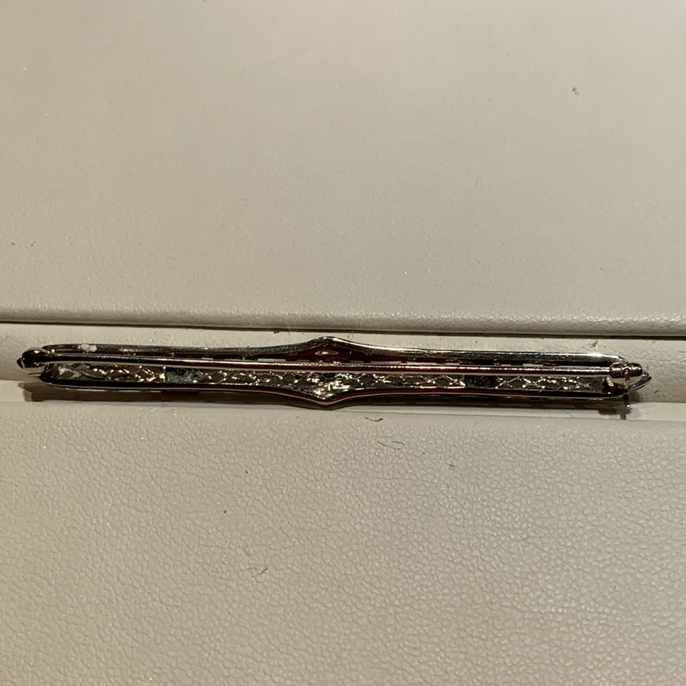 Edwardian Art Deco Antique 14K White Gold Bar Pin with Sapphire and Diamonds - Picture 7 of 7